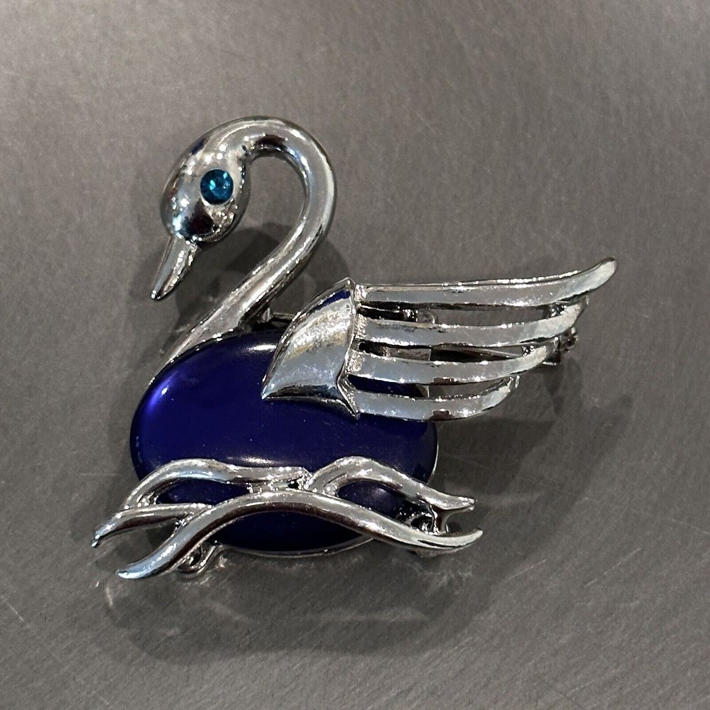 Vintage Roman Brooch Pin 2 Inch Blue Jelly Belly Silver Tone Swan Signed Bird 15$